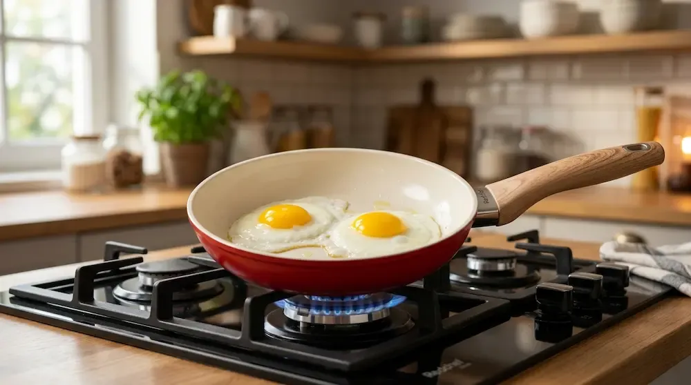Redchef ceramic nonstick egg frying pan with a wooden handle cooking sunny side up eggs on a stove
