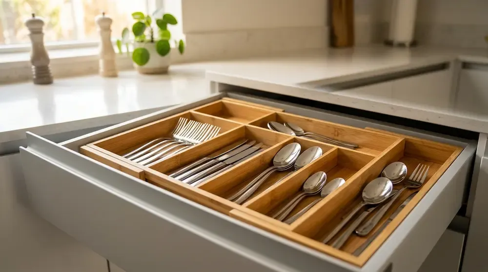 Expandable Conflech bamboo kitchen drawer utensil holder organized with stainless steel silverware