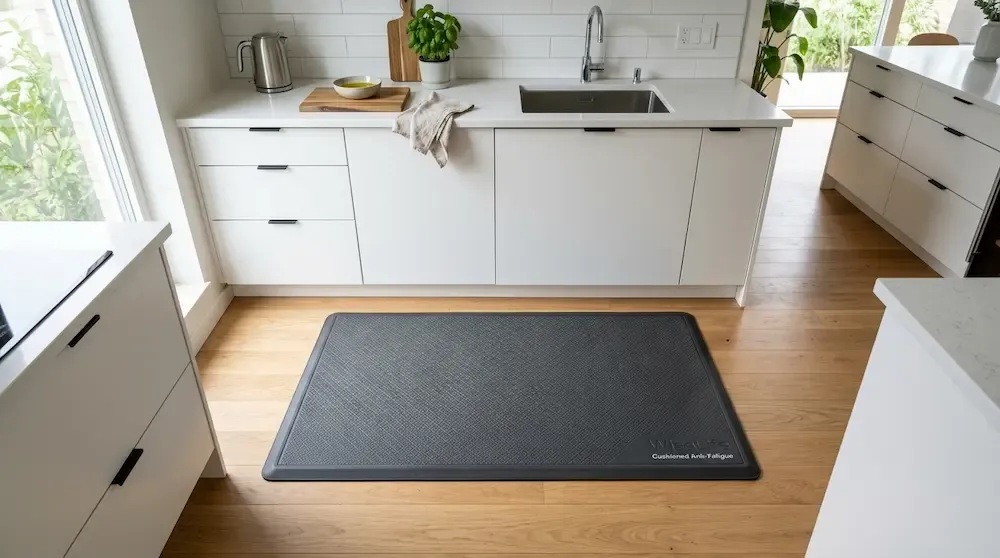 WiseLife charcoal grey anti fatigue cushioned kitchen mat on a modern kitchen floor
