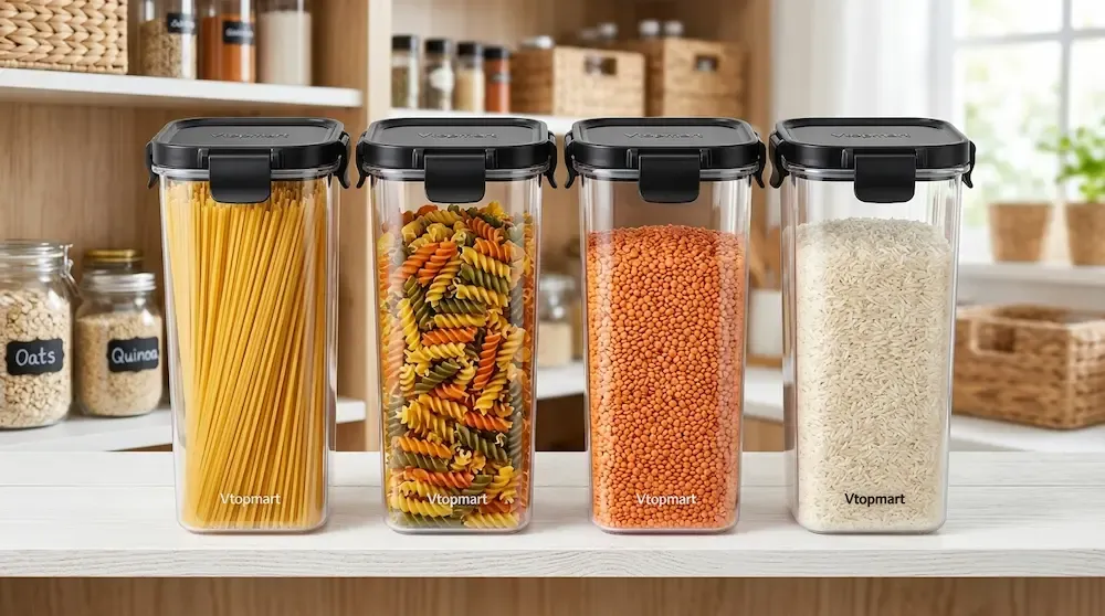 Four tall Vtopmart airtight food storage containers filled with spaghetti and pasta on a pantry shelf