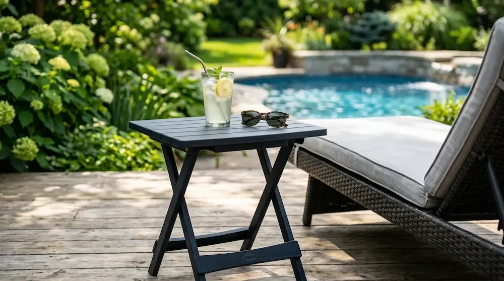 Adams Quik-Fold midnight dark resin side table on an outdoor patio next to a lounge chair