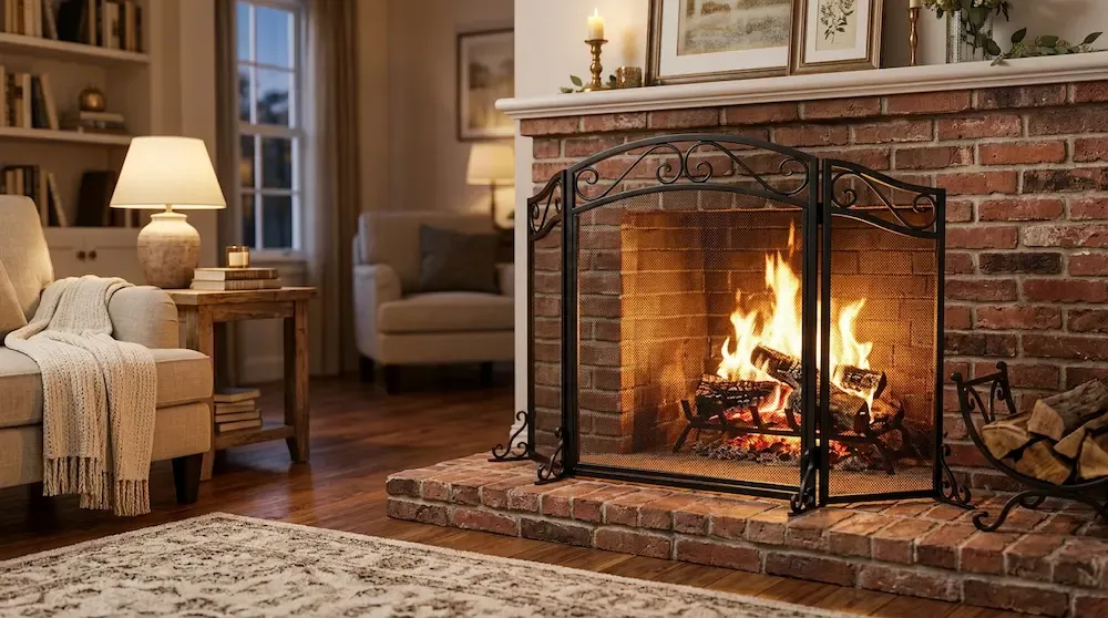 Best Choice Products 3 panel steel mesh fireplace screen in front of a burning fireplace