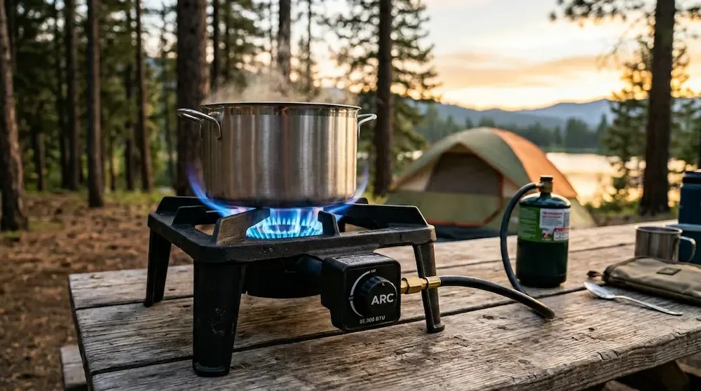 Heavy duty ARC 55000 BTU propane single burner camping stove with a blue flame outdoors