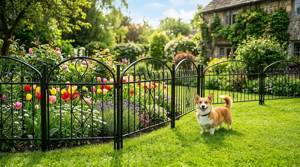 Decorative black metal wire dog fence panels installed around a garden flower bed with a small dog on the grass