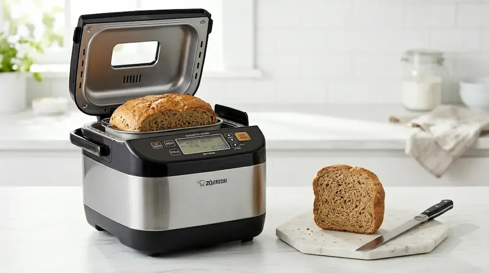 Zojirushi Home Bakery Virtuoso Plus bread machine baking a fresh loaf of whole wheat bran bread.
