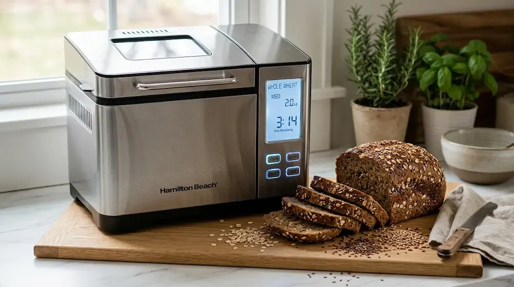 Hamilton Beach premium automatic bread maker with a sliced loaf of rustic whole grain healthy bread.