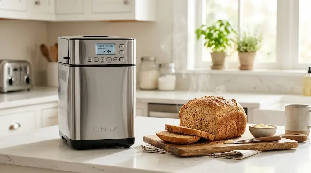 Cuisinart compact automatic bread maker machine in a modern kitchen with whole wheat bread.