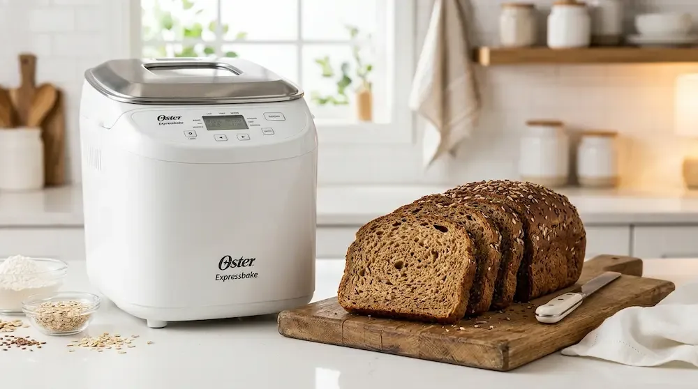 Oster Expressbake breadmaker appliance with freshly sliced homemade dark whole grain bread.