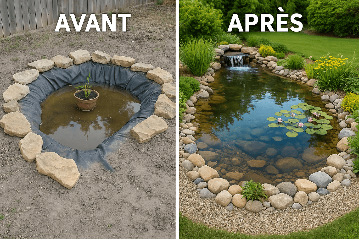 Transformation avant/après d'un bassin de jardin