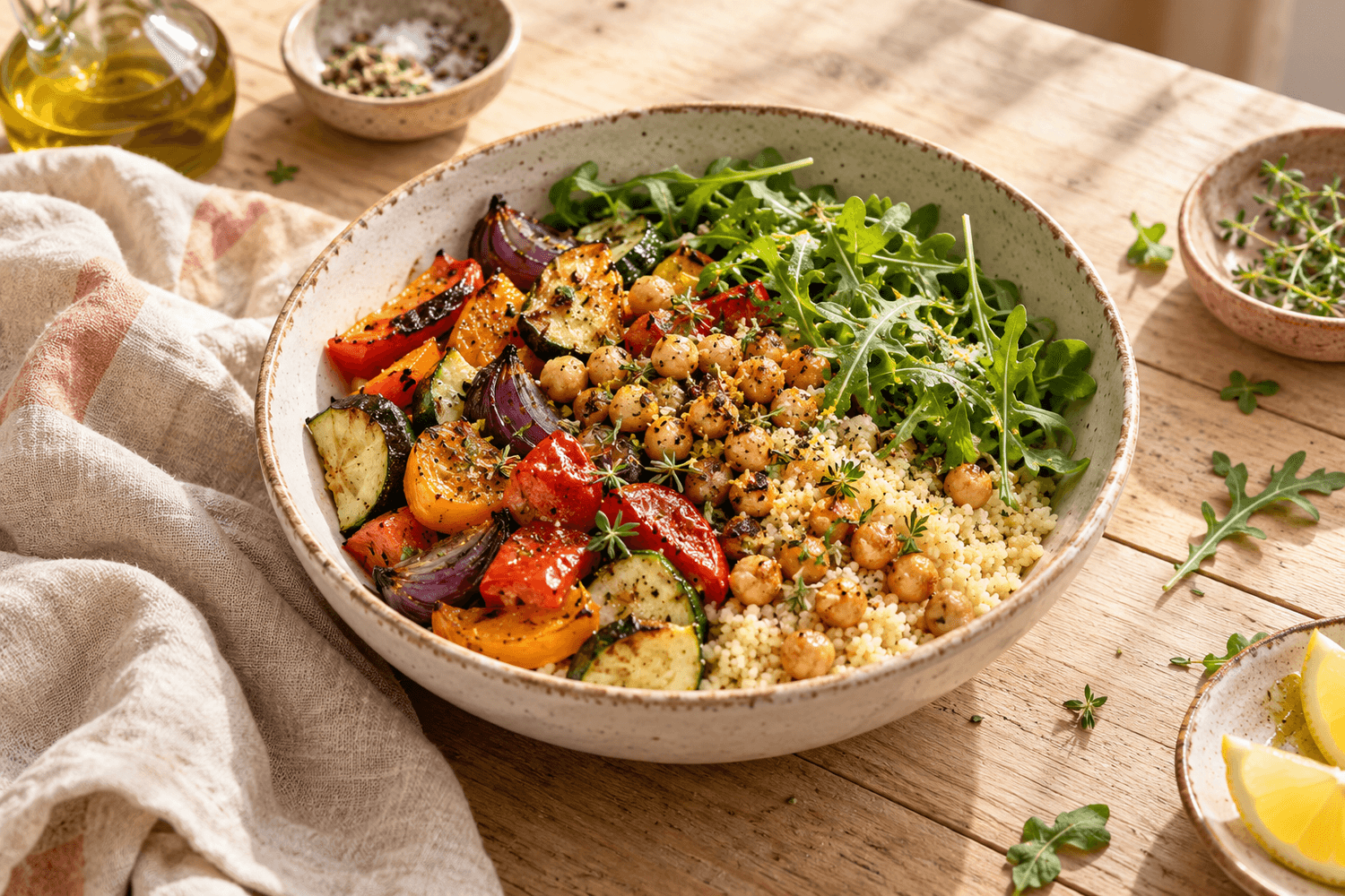 Bol mediterráneo con verduras, garbanzos y cuscús