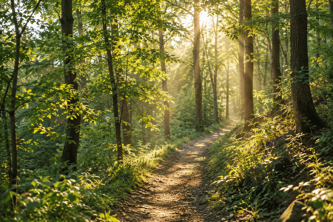 Chemin forestier lumineux évoquant le retour progressif au calme
