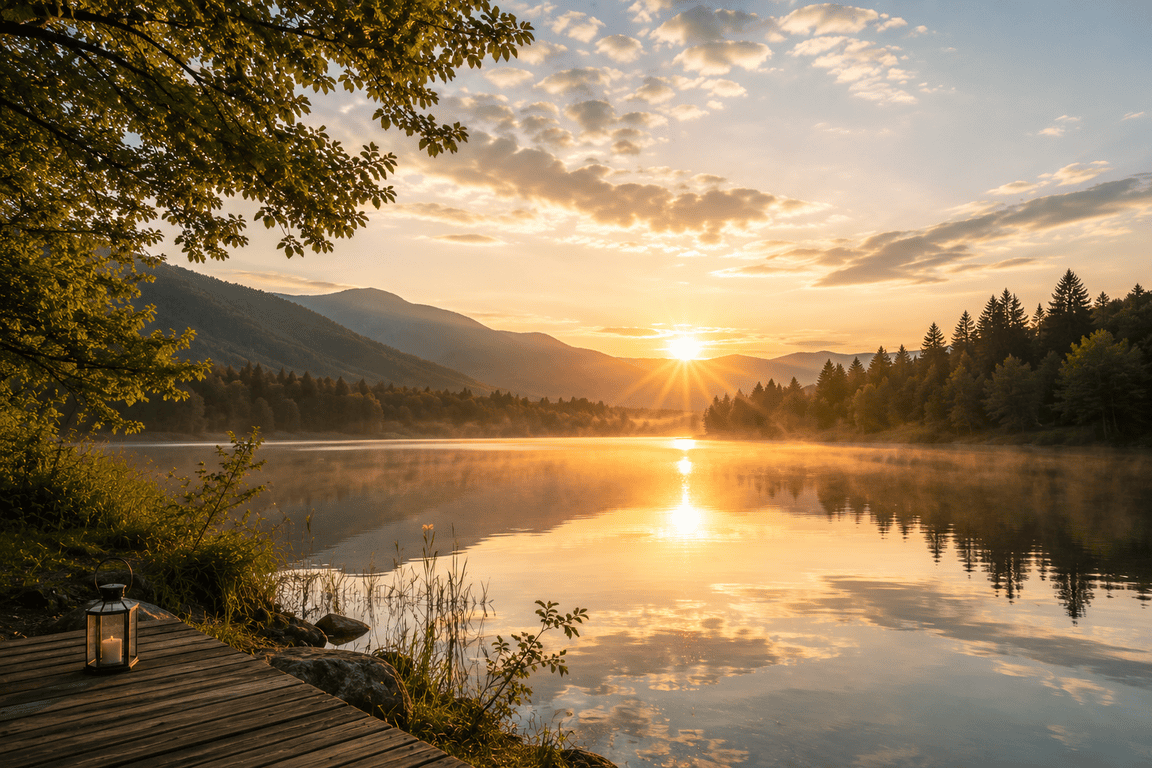 Paysage calme au petit matin évoquant le repos et la récupération