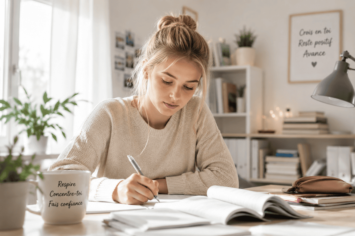 Élève préparant un examen dans une ambiance calme et lumineuse