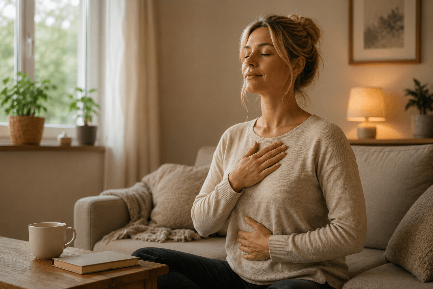 Femme pratiquant la respiration consciente chez elle