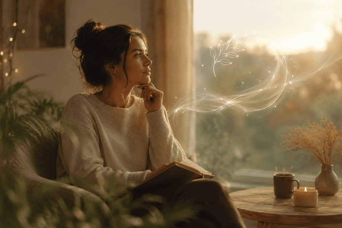 Personne calme dans une ambiance douce évoquant l’intuition