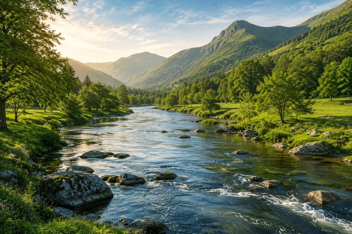 Rivière paisible traversant une vallée verdoyante, symbole d'une énergie canalisée, stable et disponible