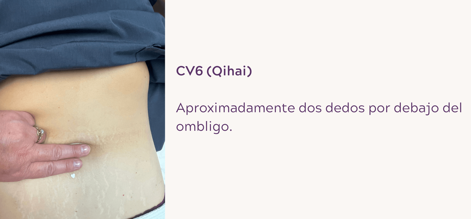 CV6 (Qihai): Aproximadamente dos dedos por debajo del ombligo.