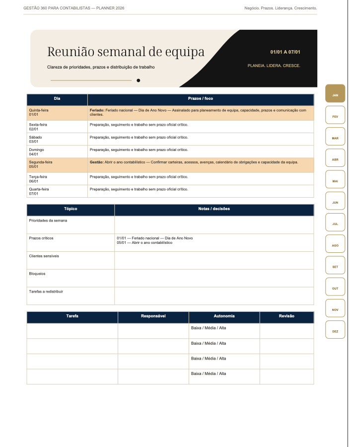 Página de gestão da equipa do Planner 2026