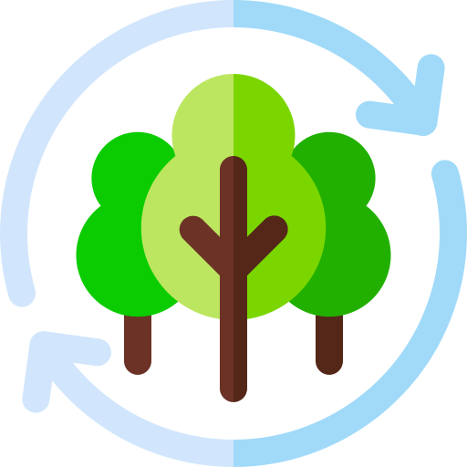 Icon of trees surrounded by two circular arrows, symbolizing the regenerative and cyclical impact of empathy-driven solutions
