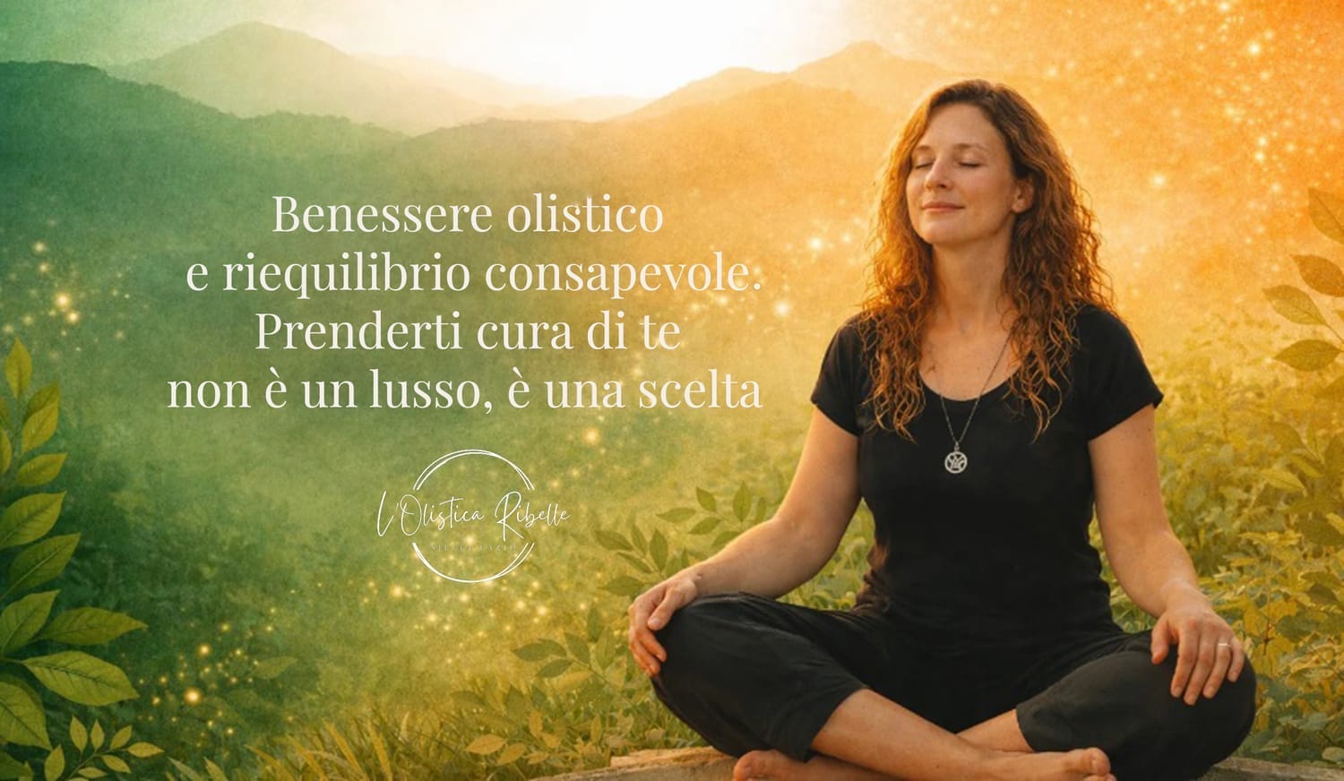 Benessere olistico, riequilibrio, perndersi cura di se. Donna in meditazione.