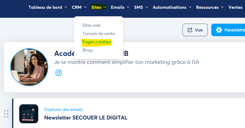 Où trouver le Page créateur dans Systeme.io