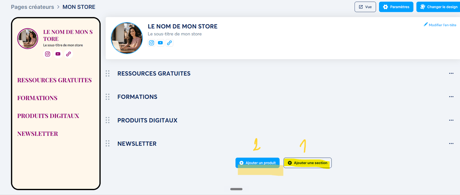 Organiser ta boutique avec des sections