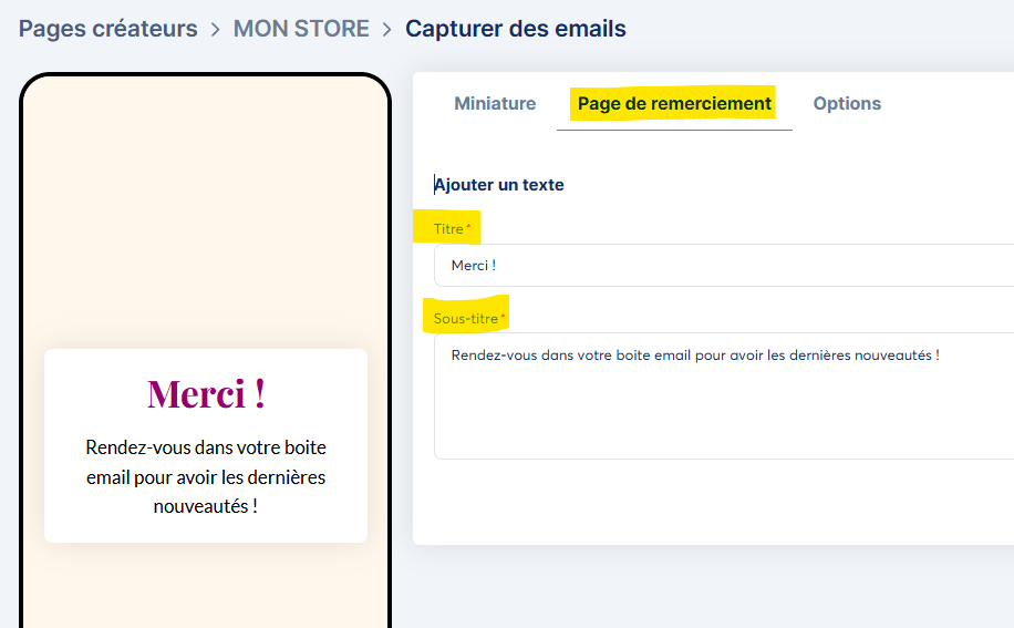 Page de remerciement