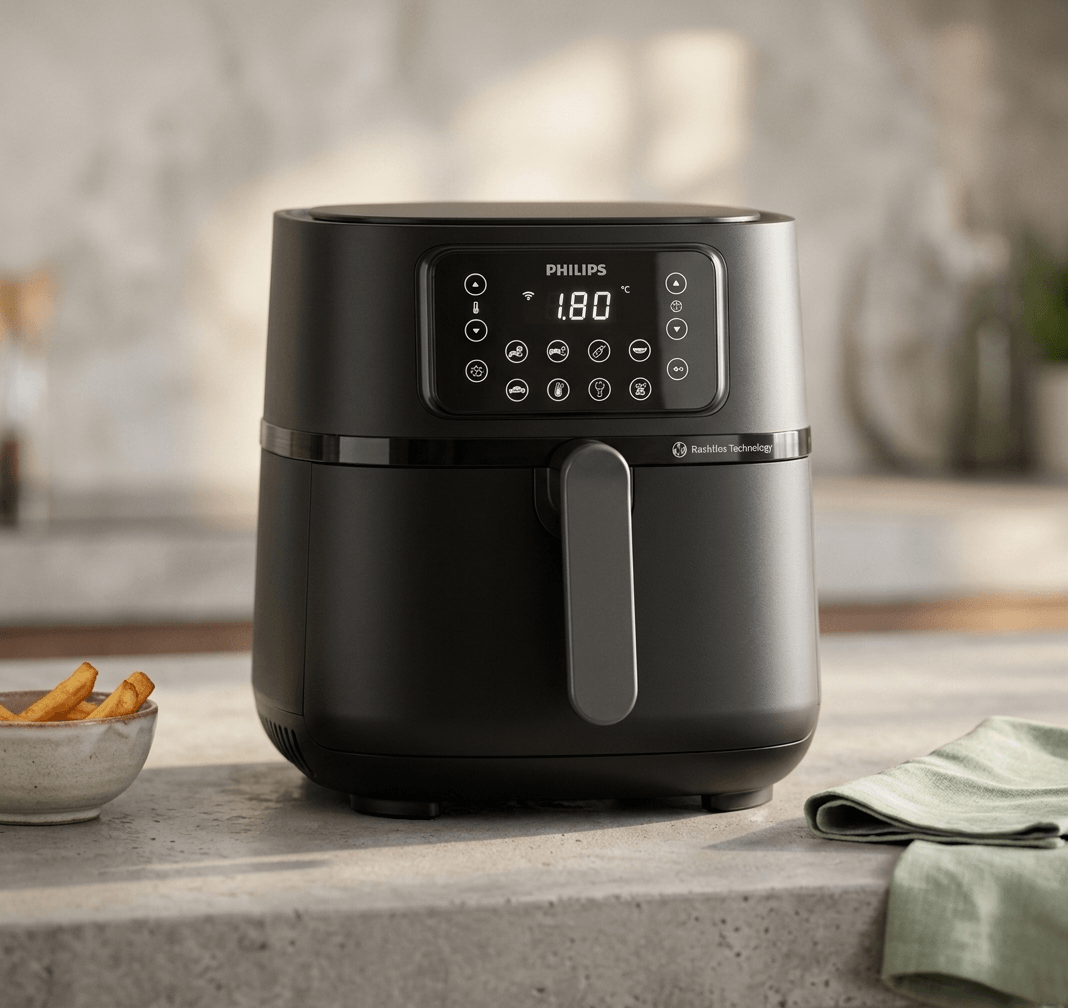 est du Philips Airfryer XXL série 5000 connecté sur un plan de travail de cuisine - Guide de cuisson Cookofry
