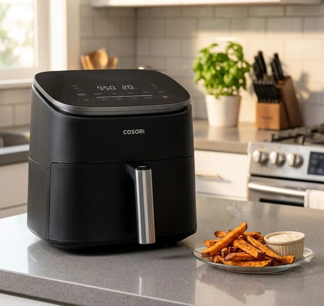 Une friteuse à air Cosori noire posée sur un plan de travail en bois dans une cuisine lumineuse, avec des herbes fraîches à côté.