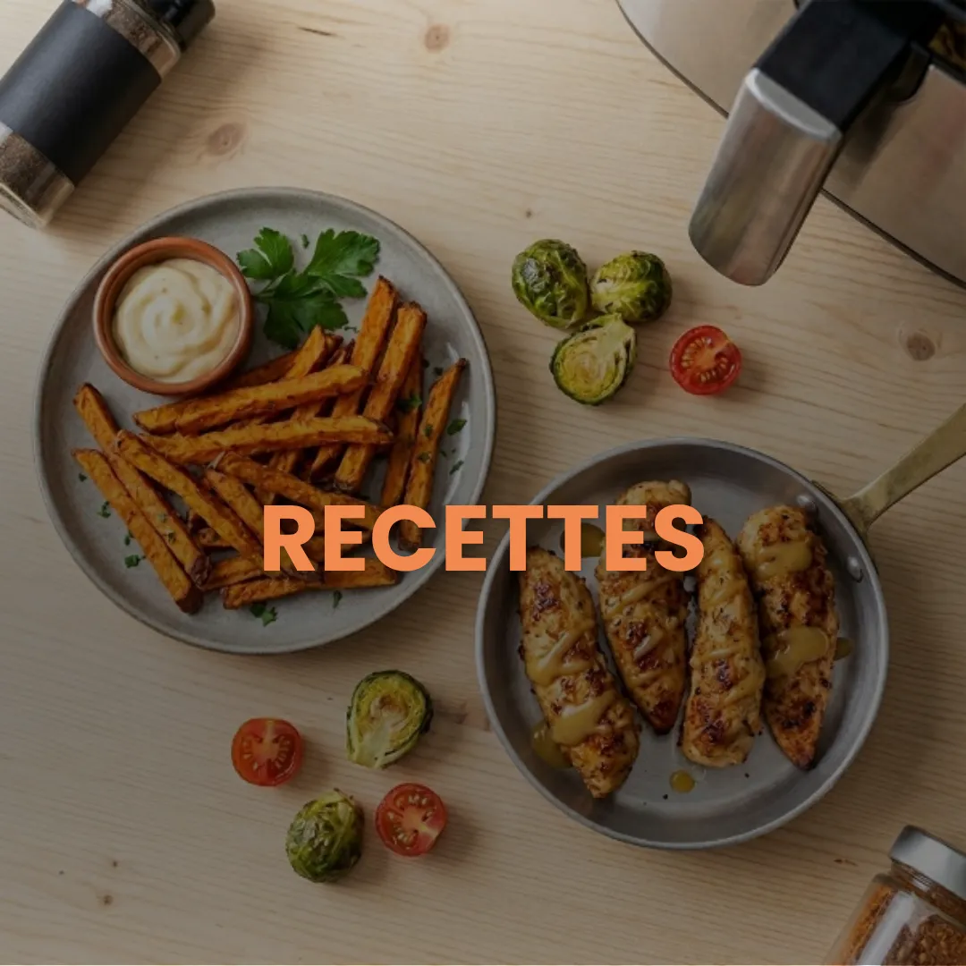 Sélection de plats variés cuisinés au Airfryer, incluant des frites de patates douces dorées et des aiguillettes de poulet grillées, présentés sur une table en bois.