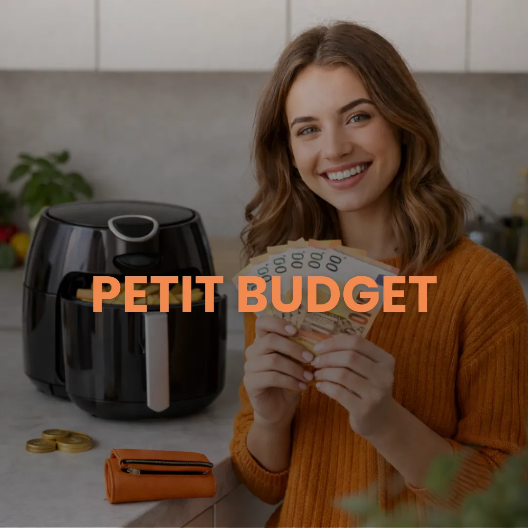 Une femme souriante dans une cuisine tient des billets d'euros, avec un airfryer noir ouvert contenant des frites, des pièces de monnaie et un portefeuille sur le comptoir. L'image comporte le texte superposé 'PETIT BUDGET' en orange.