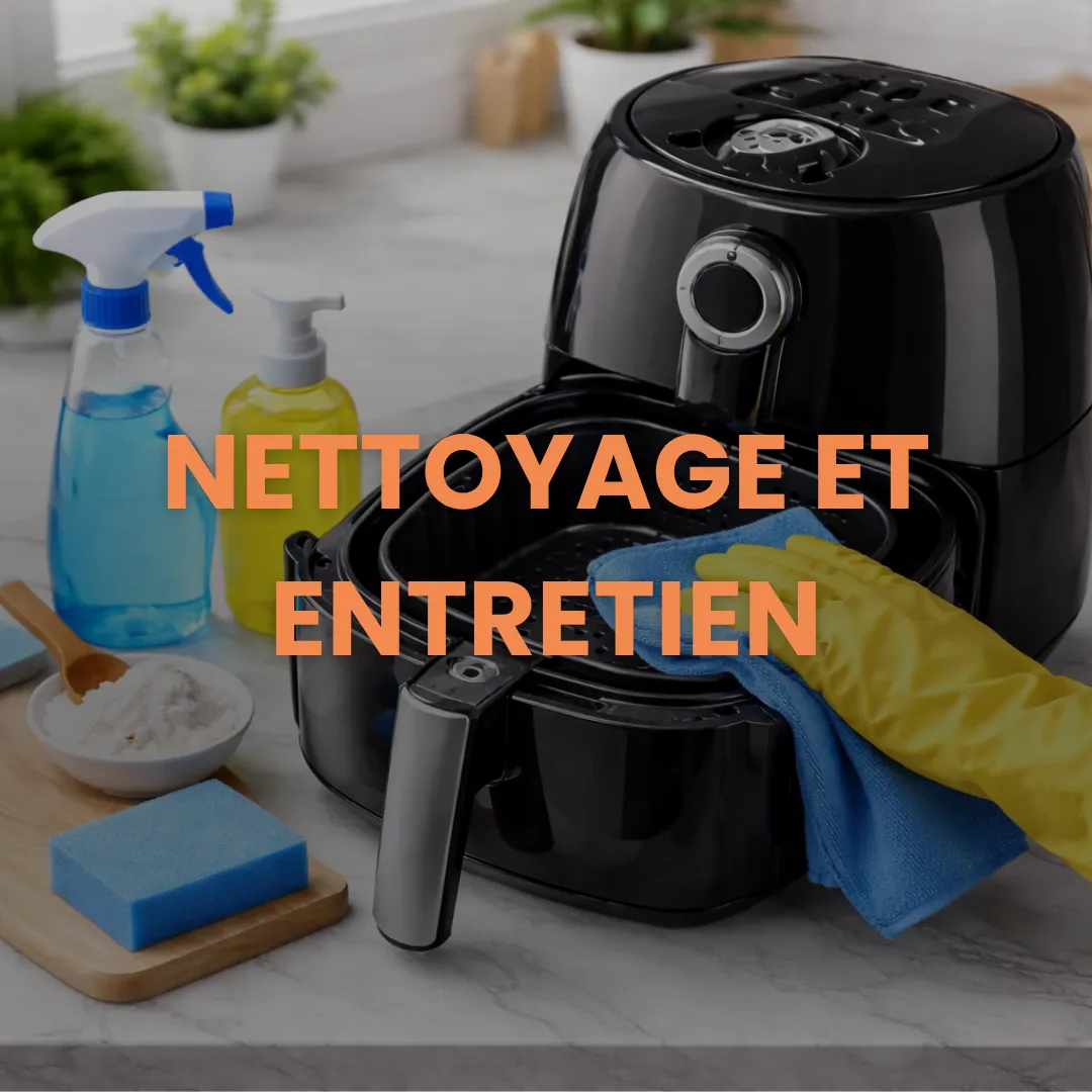 Gros plan sur le nettoyage d'un Airfryer noir avec un chiffon bleu et des gants jaunes. À côté, des produits d'entretien, une éponge et du bicarbonate de soude. Texte superposé en orange : NETTOYAGE ET ENTRETIEN.