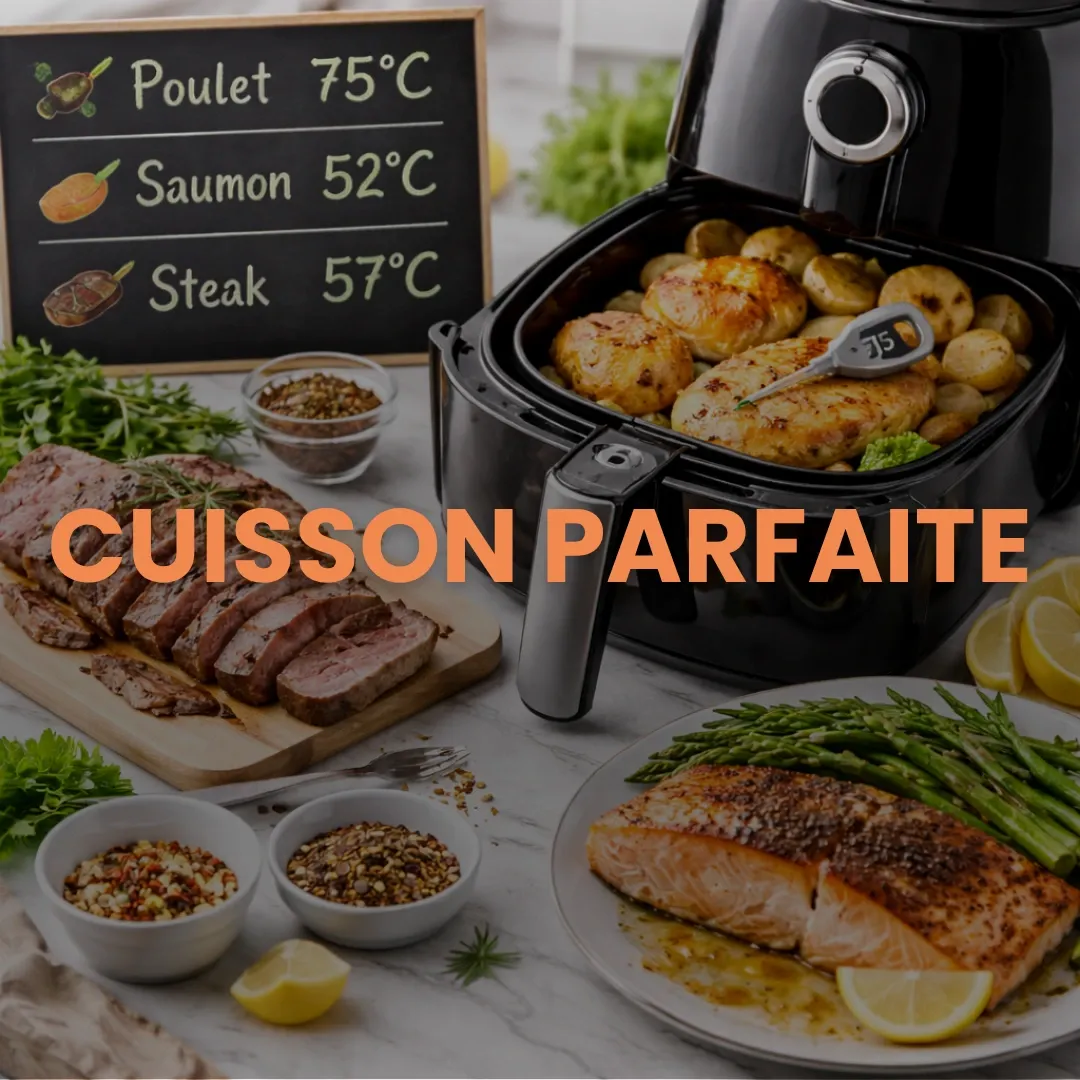 Un Airfryer ouvert avec du poulet et des pommes de terre, entouré de saumon grillé et de steak tranché. Un tableau noir indique les températures à cœur : Poulet 75°C, Saumon 52°C, Steak 57°C. Texte orange : CUISSON PARFAITE.