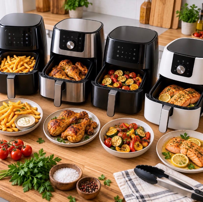 Un Airfryer ouvert avec du poulet et des pommes de terre, entouré de saumon grillé et de steak tranché. Un tableau noir indique les températures à cœur : Poulet 75°C, Saumon 52°C, Steak 57°C. Texte orange : CUISSON PARFAITE.