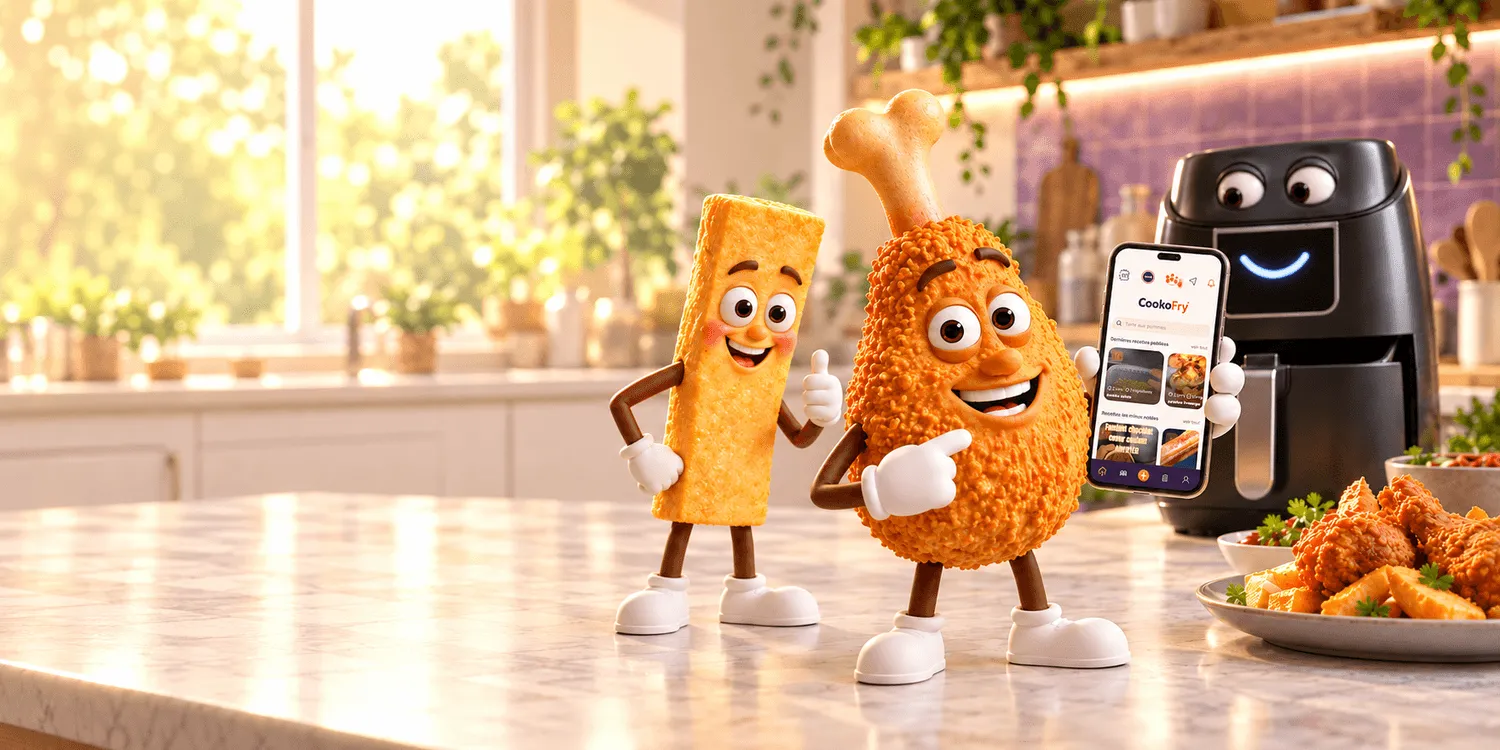 Freezy et Crispy présentent CookoFry avec l’écran de l’application et un Airfryer