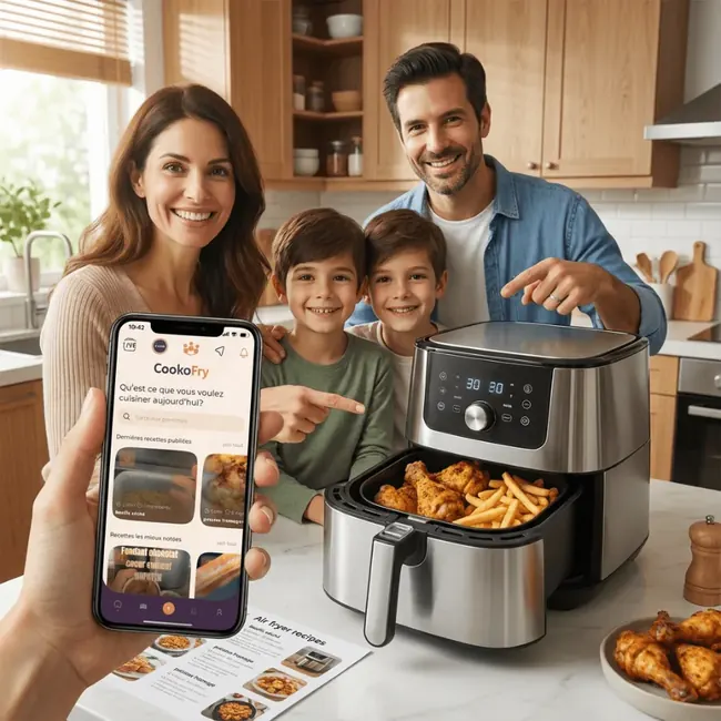 Famille cuisinant ensemble avec un Airfryer et l'application Cookofry
