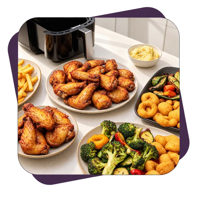 Ailes de poulet croustillantes, légumes et beignets cuits à l'Airfryer