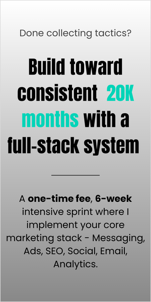 Sidebar banner promoting a 6-week marketing sprint to build a full marketing system for small businesses and work toward consistent €20K months