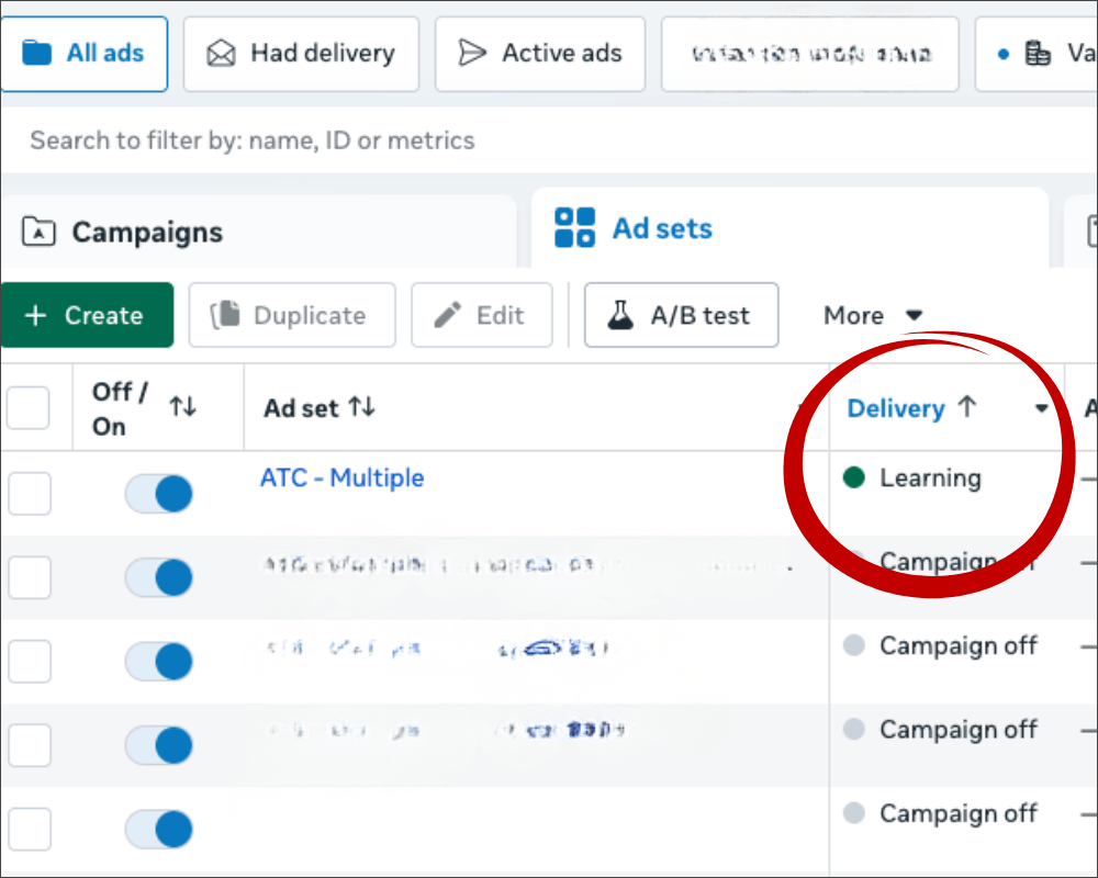 Meta Ads Manager screenshot with the “Delivery” column circled, showing a facebook ad set status as “Learning