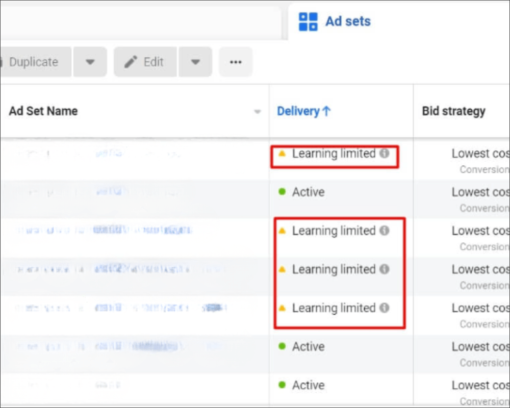 Meta Ads Manager ad sets view with multiple rows highlighted, showing “Learning limited” in the Delivery column.