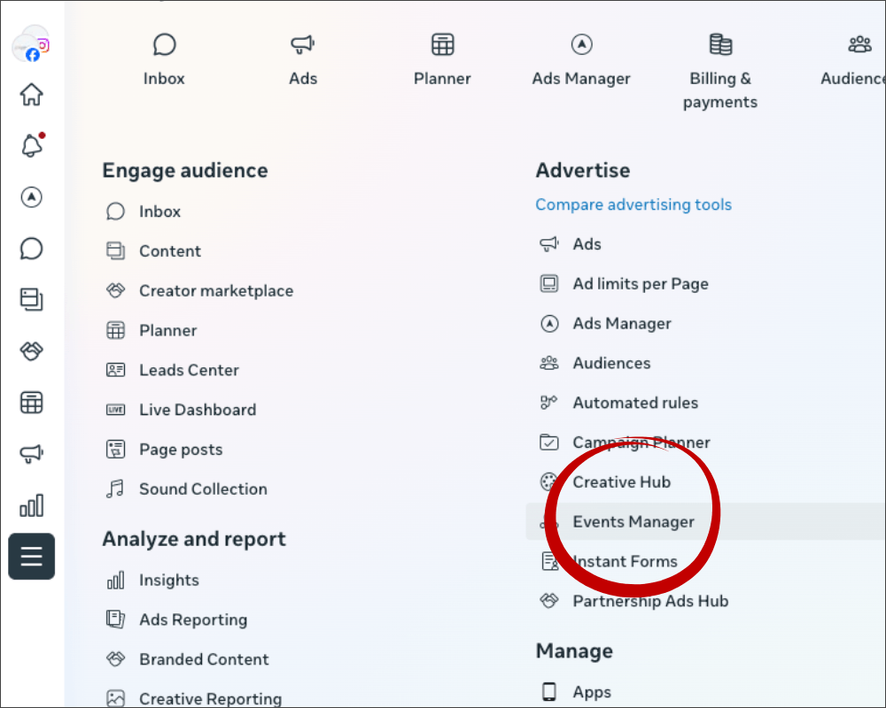 Meta Business Suite menu screen with “Events Manager” circled in red under the Advertise section