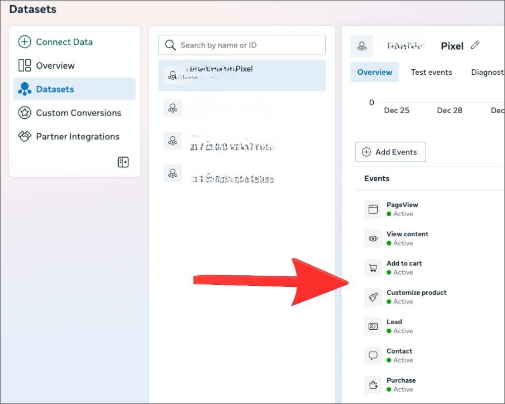 Meta Events Manager dataset screen with a red arrow pointing to the events list showing items like PageView, Add to Cart, and Purchase