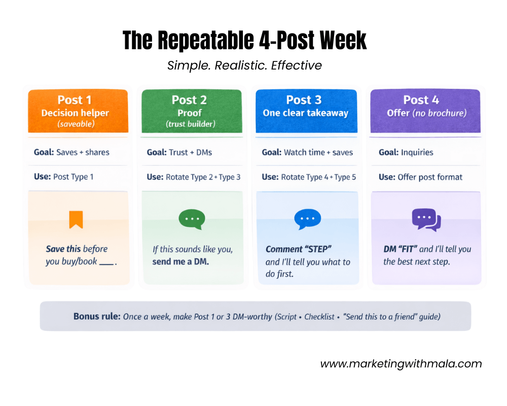 Infographic showing a repeatable 4-post weekly social media plan for small businesses, including decision helper posts, proof and UGC, one-idea clarity posts, and offer posts with clear goals and CTAs