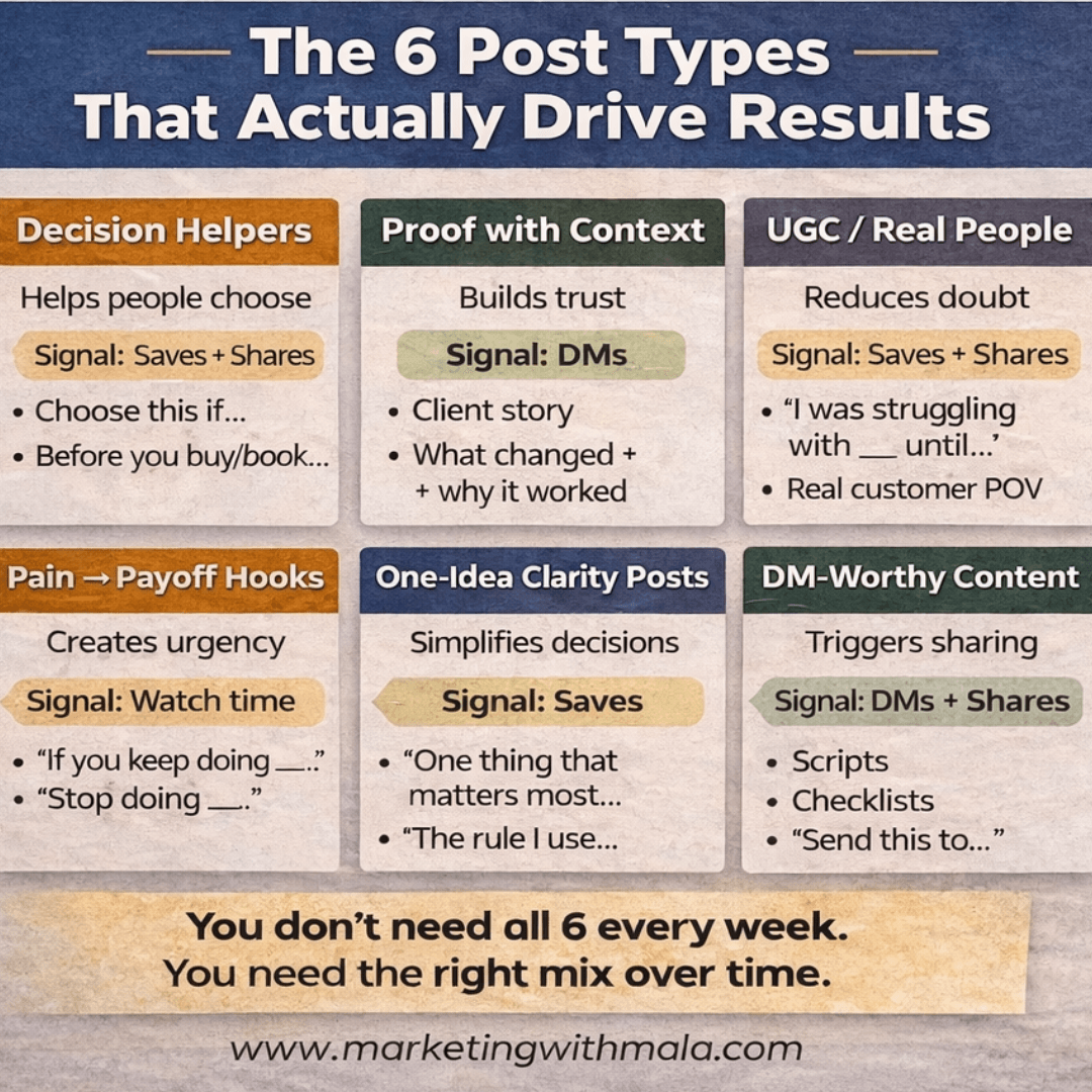 Infographic outlining six high-performing social media post types for small businesses and what each is designed to achieve.
