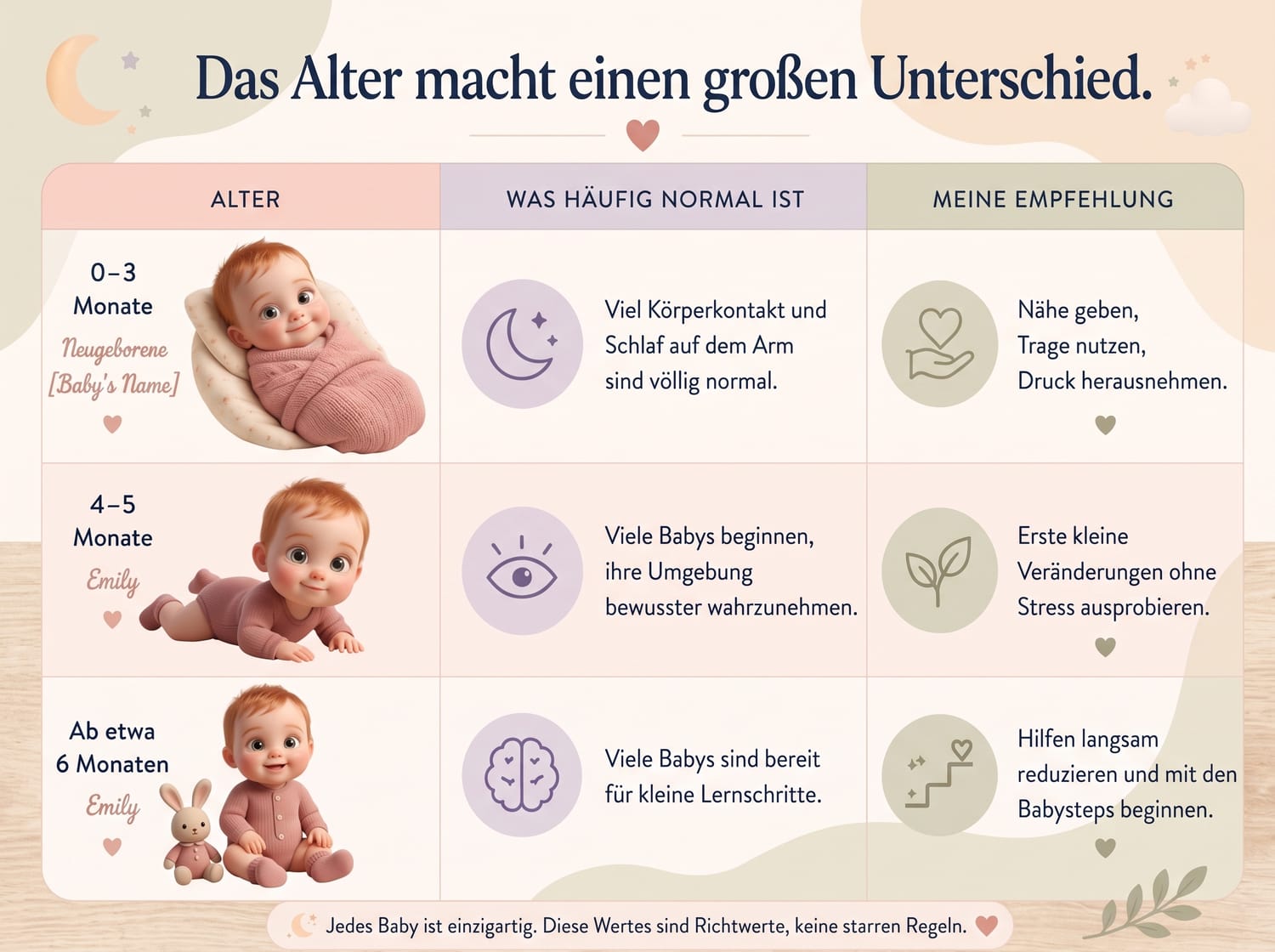Infografik: Baby schläft nur auf dem Arm – altersgerechte Entwicklung des Schlafverhaltens vom Neugeborenen bis zum ersten Lebensjahr.