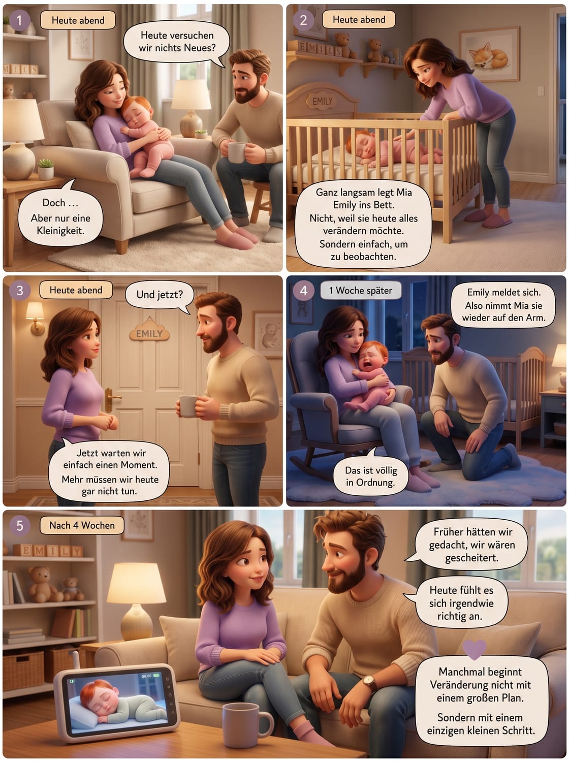 Comic über müde Eltern, deren Baby nur auf dem Arm schläft. Mia und Tom kümmern sich nachts liebevoll um ihre zwei Monate alte Tochter Emily.
