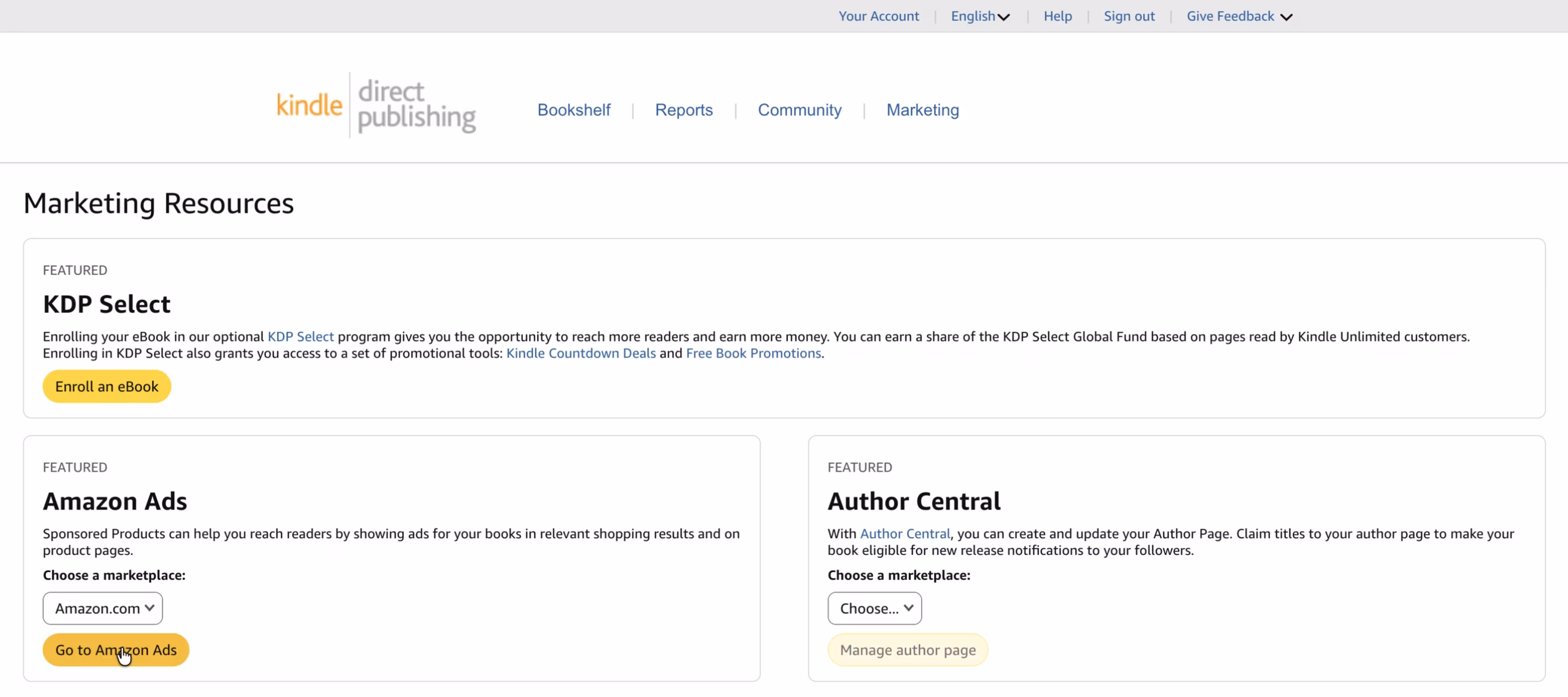 Choose your Amazon KDP Marketplace in the Marketing Tab and Amazon Ads