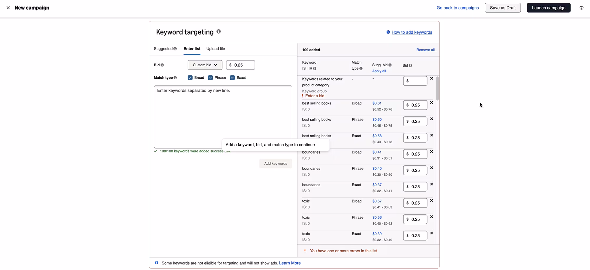 Keyword targeting and set bid amount