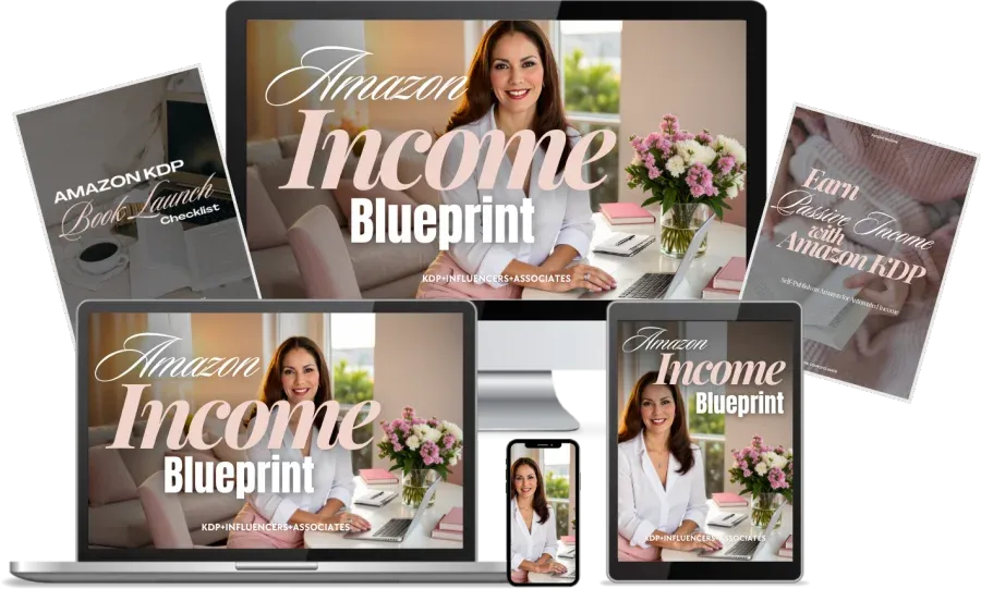 Amazon Income Blueprint course shown on a desktop, laptop, tablet and phone