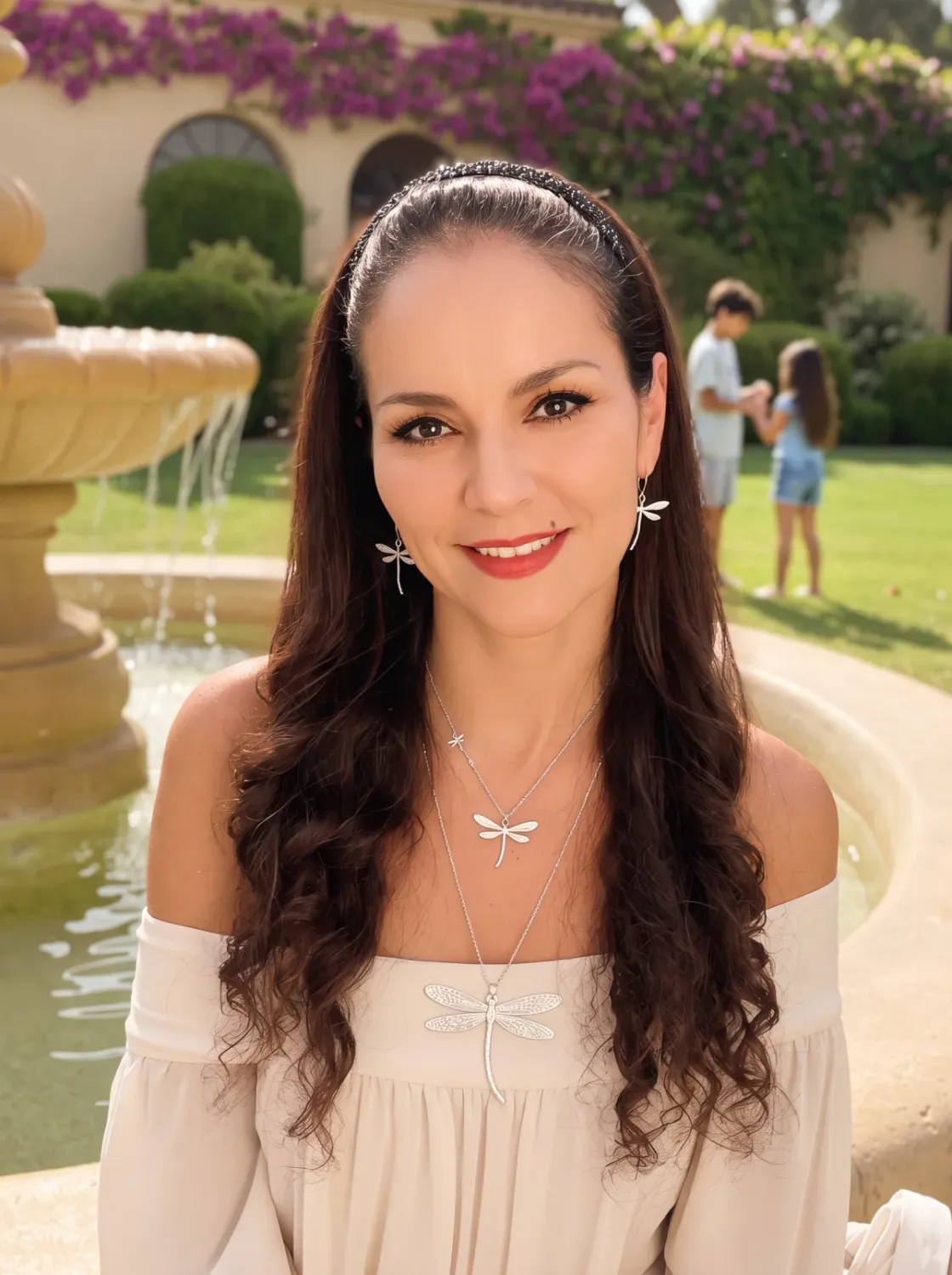 Gabrielle Nuñez, Amazon KDP publisher and YouTuber, by a fountain with her two kids playing in the garden behind her